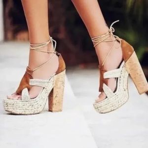 Free People High Society Platform Cork Heel Shoes Sandal Lace Up - 41 - Spain